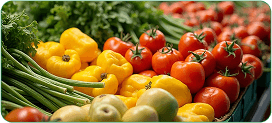 ripe vegetables including red tomatoes, yellow bell peppers, and green leafy lettuce